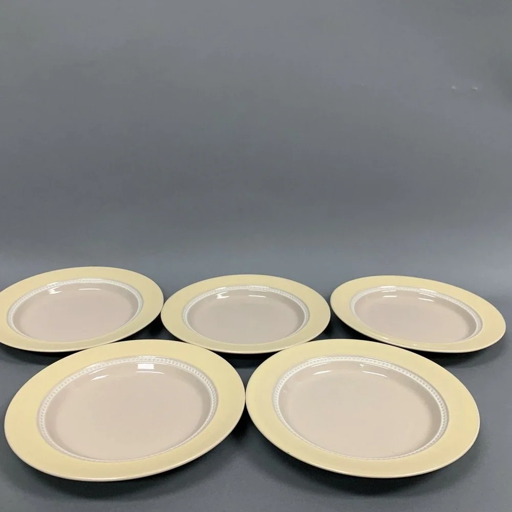 Mikasa Moon Glow Stone Craft Yellow Band Beaded Verge 8.25 Salad Plates Lot of 5